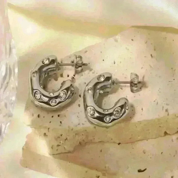 Sterling Silver Sculpted Hoop Earrings with Moissanite Accents - Picture 1 of 4